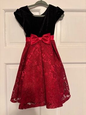Jona Michelle Black Velvet & Red Lace Bow Party Dress